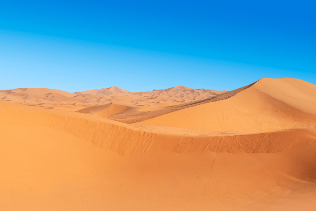 Golden Sahara sand dunes under a clear blue sky