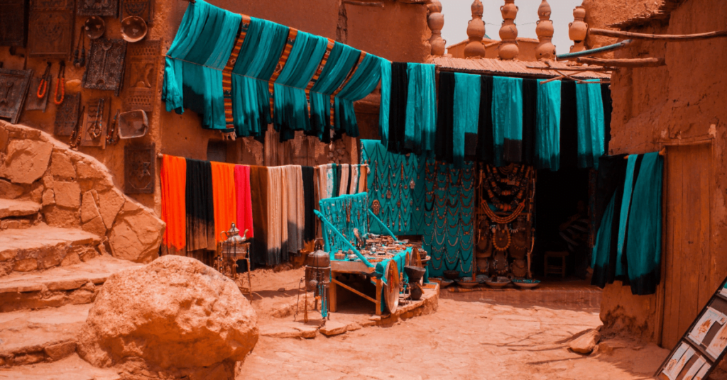 Colorful dyed yarn hanging in the dyers' souk of Marrakech