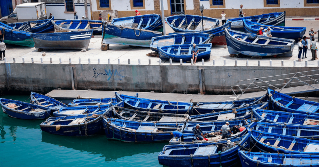 Blue fishing boats in the harbor of Essaouira