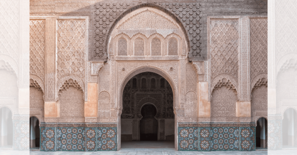 Carved courtyard of the Ben Youssef Madrasa in Marrakech