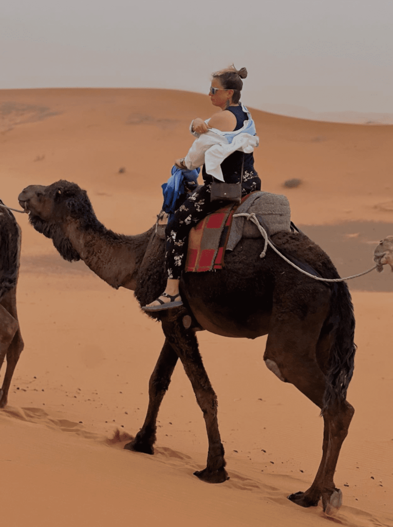 Traveler riding a camel in the Sahara dunes