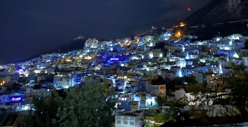Chefchaouen's Blue City illuminated at night