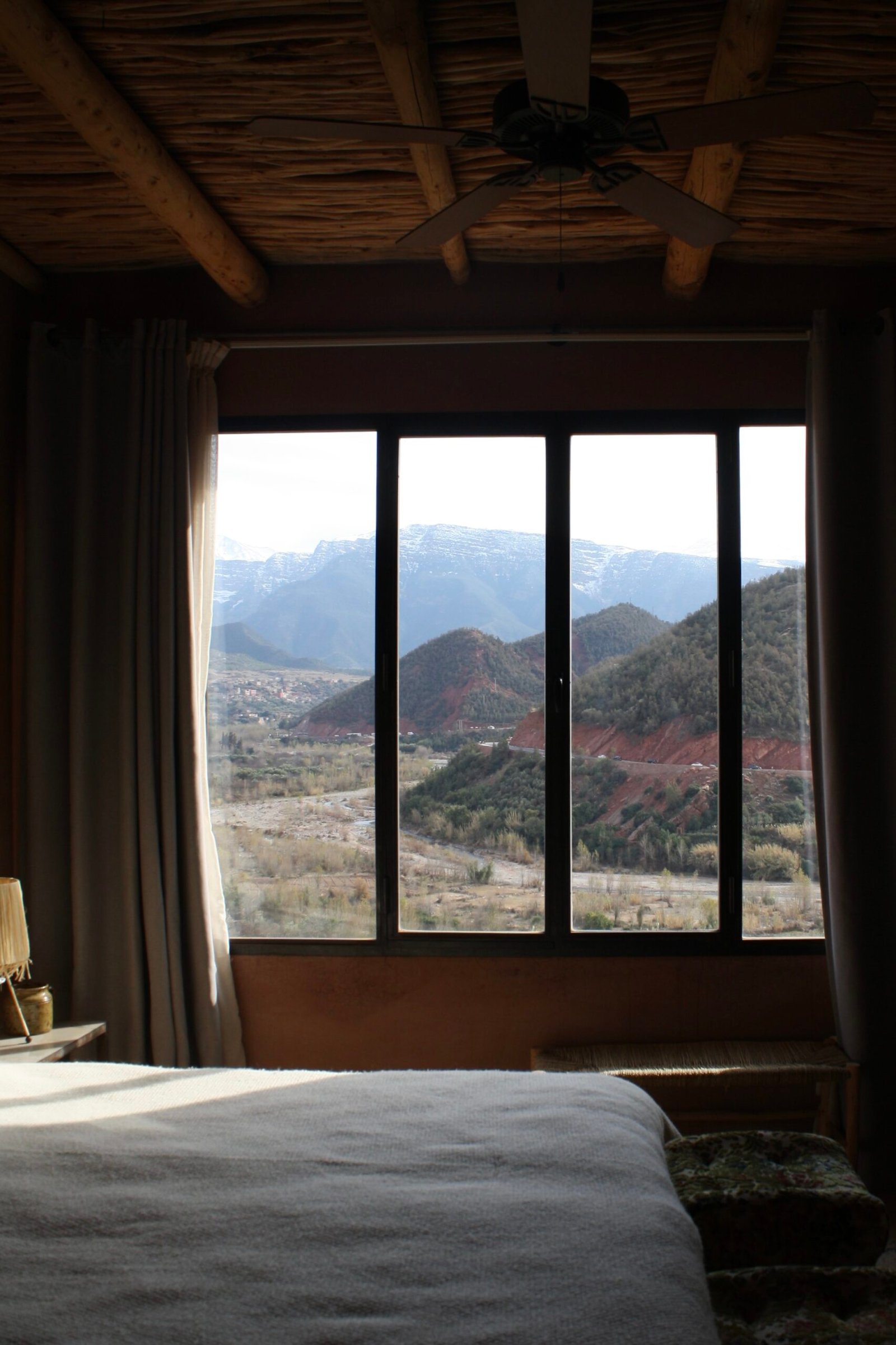 Mountain lodge room overlooking the High Atlas Mountains