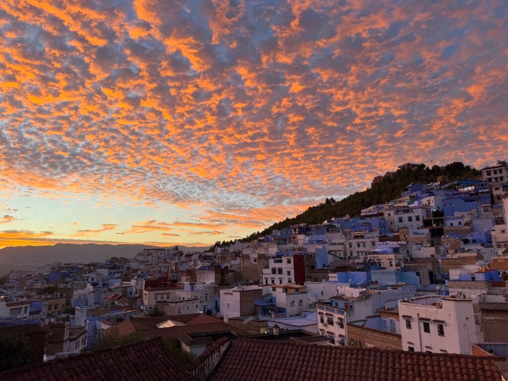 Sunset over the blue town of Chefchaouen in the Rif Mountains