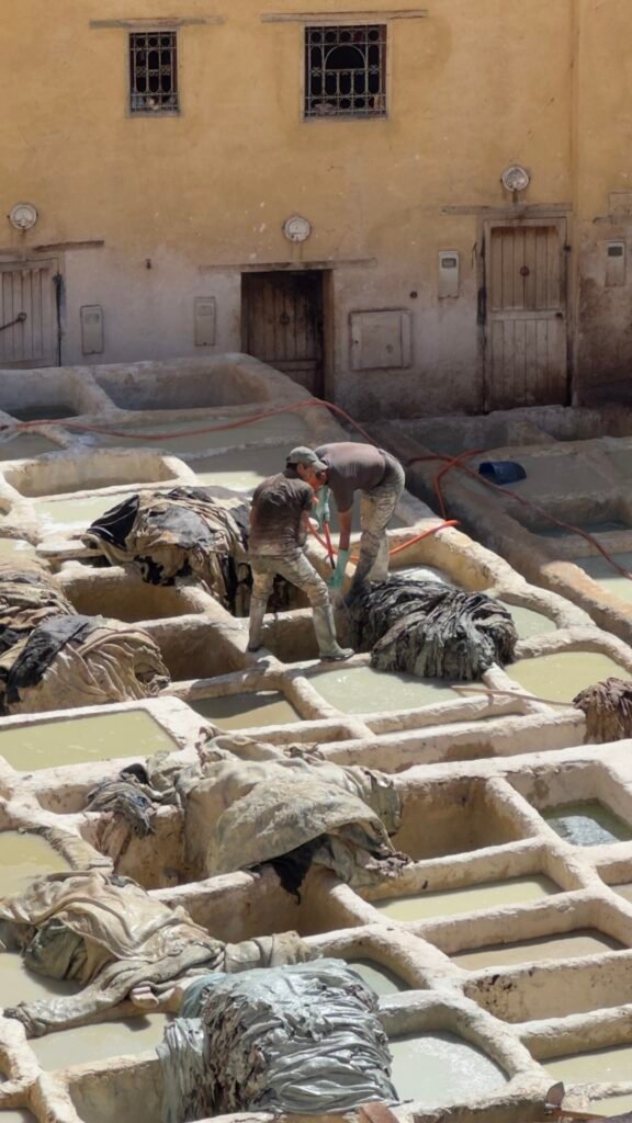 Leather workers at the Chouara Tannery dye pits in Fez