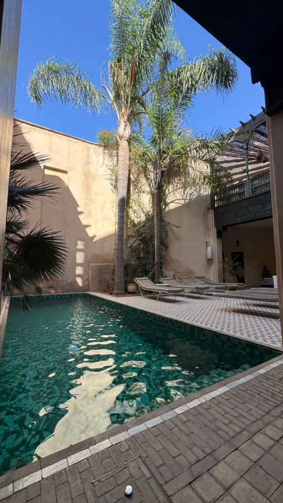 Riad plunge pool in a quiet courtyard with palms