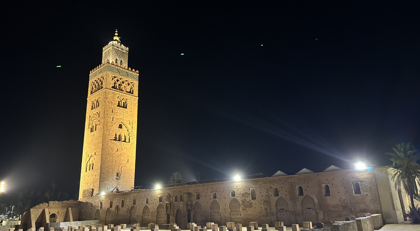 Koutoubia Mosque minaret illuminated at night in Marrakech